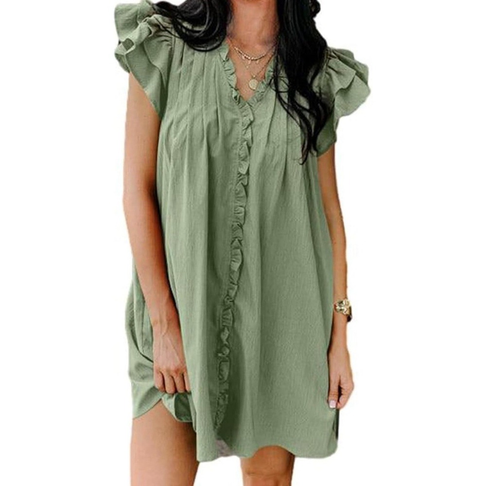 NEW Women's Casual Short Sleeve Ruffle Mini Dress - Green - Size S